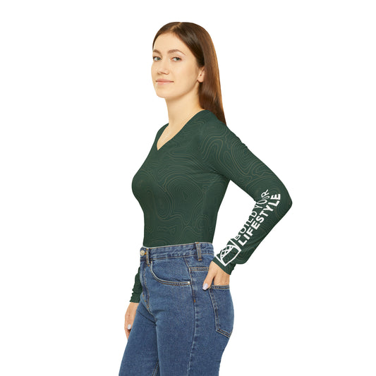 Arched Cabins LLC Topographic "Build Your Lifestyle" Women's Long Sleeve V-neck Shirt